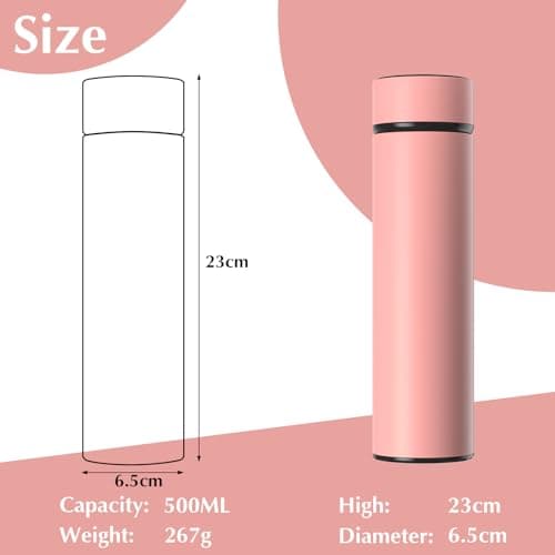 Homealexa 500ml Coffee Cups Travel Mugs, Pink Water Bottle Vacuum Insulating Cup 304 Stainless Steel, Touch Screen Temperature Gauge, Smart Mug for Heat and Cold — view 3