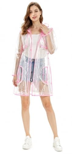 shelikes Women’s Raincoat Transparent Waterproof Rain Mac Jacket Clear Lightweight Raincoats with Hood & Pockets for Camping Outdoor Events & Travel Neon Pink