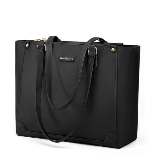 RAINSMORE Handbag for Women Laptop Bag 14 Inch Ladies Large Tote Bag with Zipper Pocket Waterproof PU Leather for Office Business Shopping Travel Black