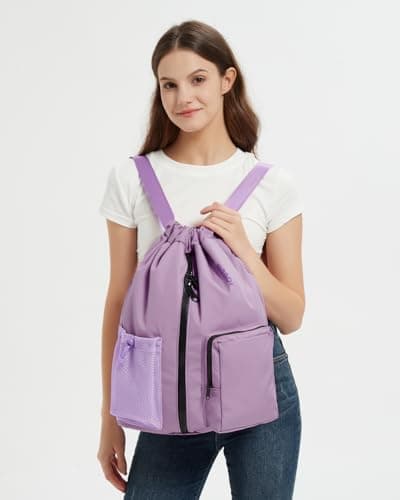 WANDF Drawstring Gym Bag Sports Backpack with Shoes Compartment Water-resistant Swimming Bag for Men Women Ideal for PE School Travel Beach (Lilac Purple) — view 4