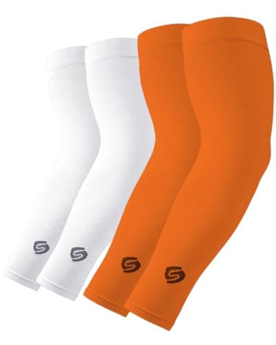 SHINYMOD Compression Sleeves Arm Warmers UV Sun Protection Men Women Cooling Sleeves to Cover Arms for Cycling, Driving, Golf, Hiking (2 Pairs: White, Orange)