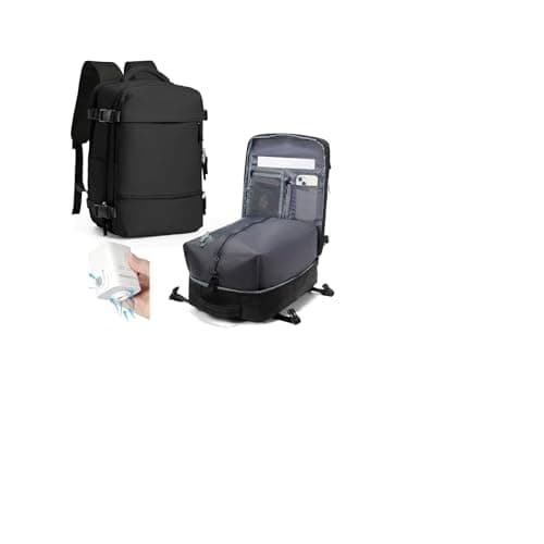 HPLQQ Vacuum Backpack Travel Bag with Pump, Ryanair Underseat Cabin Bags 40x30x20,Carry-ons Hand Luggage Travel Backpack Cabin Size 14 Inch Casual School Laptop Backpack,M-Black