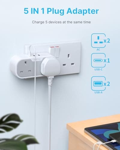 VINTAR Double Plug Adapter, Plug Extension Socket with 2 USB 1 USB C Ports — view 2