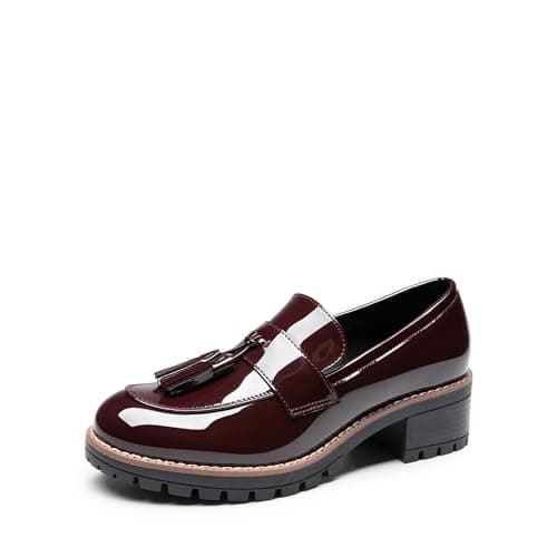 DREAM PAIRS Womens Loafers, Slip On Platform Chunky Penny Heeled Lug Sole Loafers for Women Dressy and Work, Business Casual Shoes for Women,Size 5.5,Burgundy-Pat,SDLS2404W