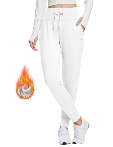 baleaf Women's Fleece Lined Joggers High Waisted Water Resistant Thermal Winter Trousers Running Yoga Pants White L