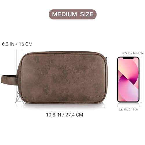 Water-Resistant Leather Toiletry Bag for Men, Women Large Travel Wash Bag Shaving Dopp Kit Bathroom Gym Toiletries Makeup Organizer with Free Wet Dry Bag (Chocolate) — view 6