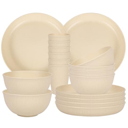 Camping Plates, Unbreakable Dinner Sets for 6, 18 Pcs Plastic Picnic Set for Party, Home & Picnic, Lightweight Microwave & Dishwasher Safe Camping Cutlery for (Beige White)