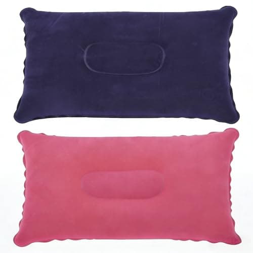 PMTFUMY 2 Pack Inflatable Travel Pillows, Soft Flocking Fabric Air Pillow, Portable Inflatable Cushion for Camping Airplane Car Beach Office Nap Lumbar Support