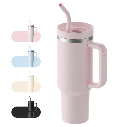 LEIKEEGO Travel Mug Coffee Cup, 1200ml/40oz Tumbler with Straw and Lid, Stainless Steel Double Wall Vacuum Insulated Coffee Cup with Handle-Keeps Cold for 24H-Hot for 12H(Pink)