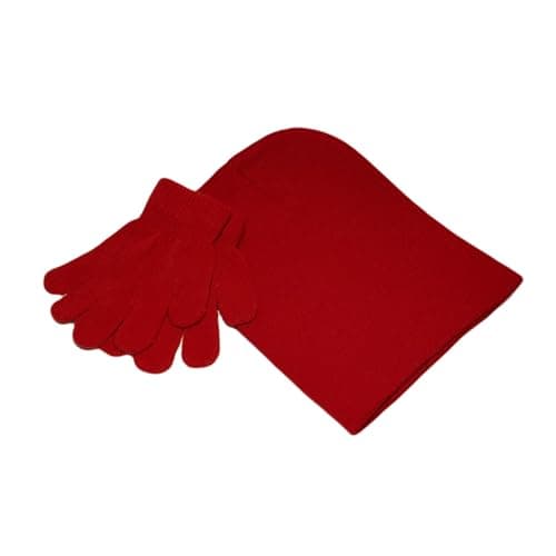 WESTEND CHOICE Kids Hat and Gloves set Boys Girls Winter Warm Magic Gloves Knitted Beanie Hat School Unisex (Red)