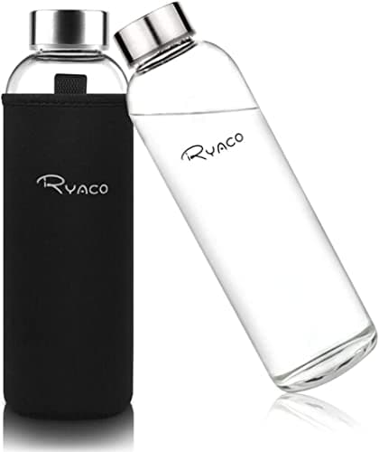 RYACO Glass Water Bottle 550ml/18oz,Borosilicate Glass Bottle with Neoprene Protective Case for Hot Cold Drinks,BPA-Free Leak Proof,Sport Water Bottles with Sponge Brush,Dishwasher Safe