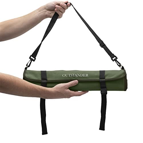 OUTSTANDER Chefs Knife Roll Bag with 11 Slots, Heavy Duty 16OZ Waxed Canvas Knives Case for Camping, Waterproof Storage Tool Wrap for Equipment of Chef, Comes with Shoulder Strap (Green) — view 2