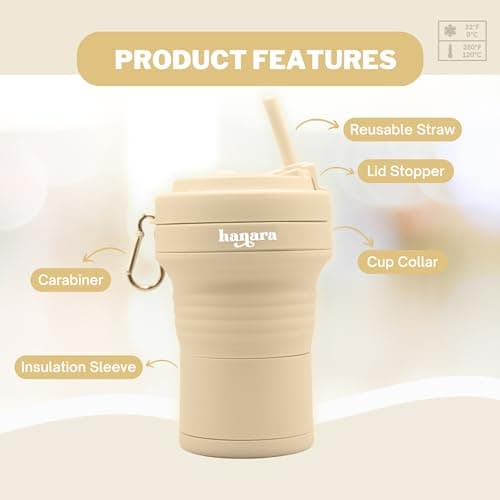 HANARA Collapsible Cup with Reusable Straw – 18 Oz (550 Ml), Portable Travel Mug, BPA-Free, Leak-Proof, Microwave & Dishwasher Safe, Multi-Purpose for Hot & Cold Drinks – Beige — view 2