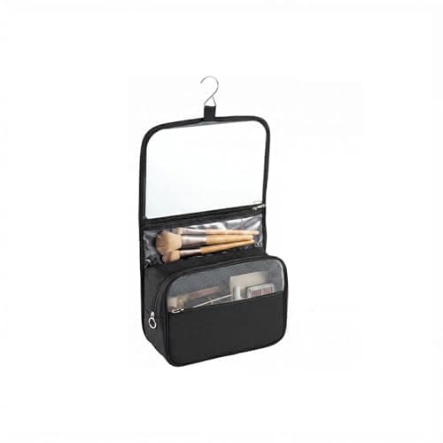 SUNNYNEST Unisex Travel Makeup Bag with Mirror – Foldable Hanging Toiletry Bag, Vanity Case & Makeup Organiser for Business Trips, Camping, Fitness & Weekend Getaways (Black)
