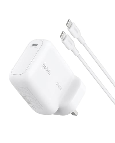Belkin BoostCharge USB C Plug Charger, 100W GaN Fast Charging for iPhone 17, Samsung Galaxy S26, Pixel 10, AirPods, Tablet, MacBook - 1.5 m USB C Cable Included - Travel Essentials - White