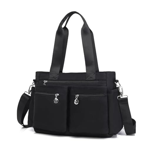 Bagtopia Nylon Tote Bag for Women, Multi Pockets Crossbody Purse for Work Travel, Waterproof Shoulder Bag with Zipper (Black)