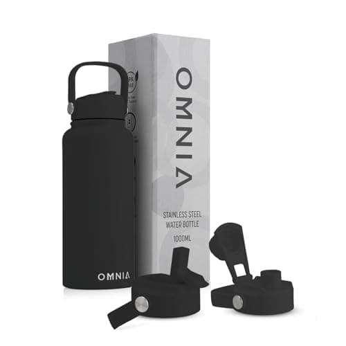 OMNIA NUTRIENTS Vacuum Insulated Stainless Steel Water Bottle, 2 Lids (Straw & Spout) Leakproof, BPA-Free, Reusable Flask Ideal for Travel and Outdoors (Black - 1000 ml)