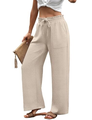 WIHOLL Wide Leg Palazzo Trousers Casual Summer Women's Clothing Elastic Drawstring Waist Soft Light Pants with Pockets for Beach Travel Daily Wearing Size 10-12 Beige M — view 4