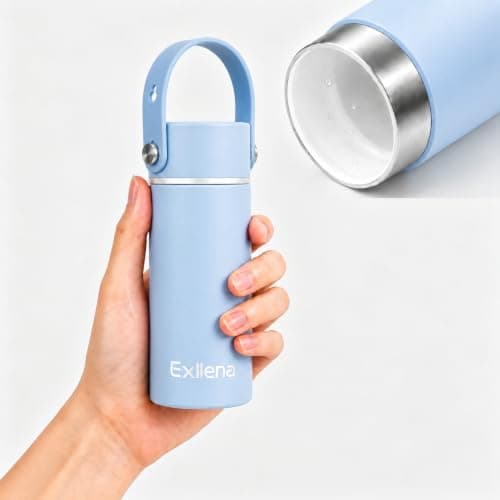 Exllena 200ml Small Water Bottle Ceramic Lined with Adjustable Silicone Handle Made of 100% Stainless Steel (Body + Lid), Mini Metal Water Bottle for Handbag, Leakproof (Sky Blue)