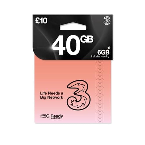 THREE 4G/5G SIM Card UK & ROAM FREE in over 70 destinations - PREPAID PAYG £10 Bundle - 20GB + (20GB FREE DATA) Unltd Texts & Mins - ROAMING ALLOWANCE 6GB