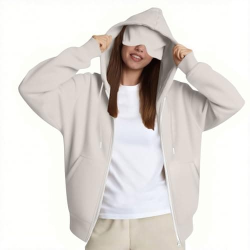 Womens Travel Hoodies with Eye Mask Built in Oversized Airplane Hoodie Secret Pockets Pullover Zip Up Hooded Sweatshirt Autumn Winter Thermal Fleece Jackets Tops UK Size — view 6