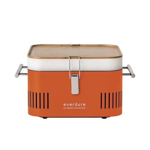 Everdure by Heston Blumenthal Cube Portable Charcoal BBQ Grill – Compact Travel Barbecue with Bamboo Tray, Chrome Rack, Porcelain Enamel Firebox & Cool Touch Handles – Outdoor Camping BBQ in Orange