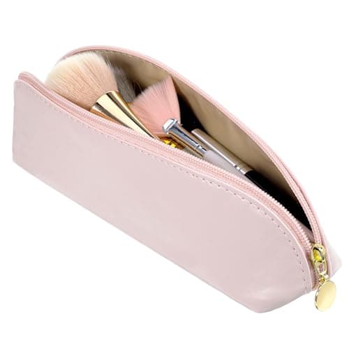Leather Makeup Brush Bag with Zipper, Portable Travel Cosmetic Organizer Case, Compact Toiletry Pouch for Daily Work Essentials
