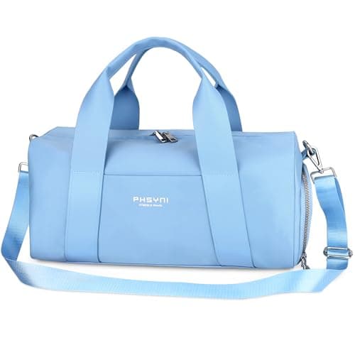 Small Gym Bag for Girls Kids,Sport Duffle Bag for Women Fitness Workout, Travel, Dance, Ballet, Swim with Shoes Compartment & Waterproof Pocket,Easy Carrying Pu Leather Handle (Sky Blue,16"-Small)