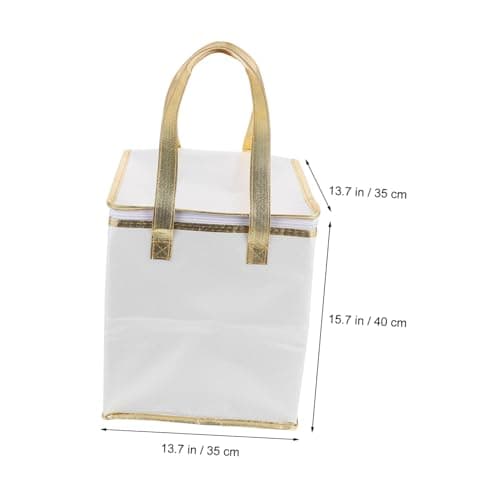 RUNROTOO Insulated Cake Packing Bag 10-inch Heightened White with Gold Trim Thermal Food Storage Bag Portable Handheld Pizza Package and Fresh Food Cooler for Home and Travel — view 2