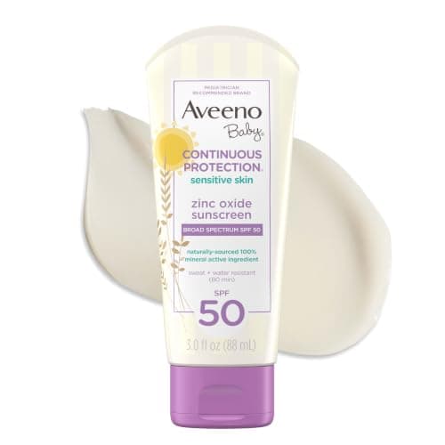 Aveeno Baby Continuous Protection Zinc Oxide Mineral Sunscreen Lotion for Sensitive Skin, Broad Spectrum SPF 50, Tear-Free, Sweat & Water-Resistant, Paraben-Free, Travel Size, 3 oz