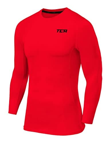 TCA Men Long Sleeve Compression Shirt, Athletic Workout Sports Undershirt Base Layer Top - High Risk Red, S