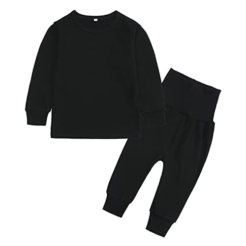 Boy's Thermal Underwear Set, Fleece Lined Kids Base Layer Long Sleeve Soft Top & Bottom Unisex Kids' Solid Long-Sleeve Top and Pants Bottom Set Soft and Comfortable Sweatshirt (Black, 1-2 Years)