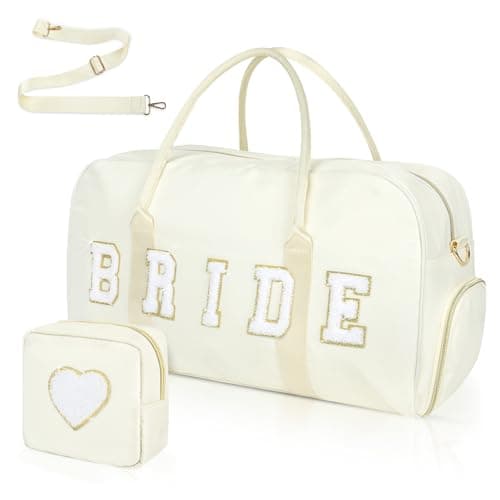 Bride Bag Bridal Shower Gifts 2 Pcs Wedding Weekender Tote Groom Duffel Chenille Letter Bag with Shoes Compartment Bachelorette Gifts for Bride to Be (White, Bride)