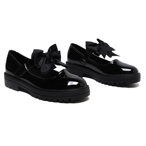Gizelle® Girls Patent Black Mary Jane School Shoes with Detachable Bow On Strap - Toddler Kids Back to School Comfortable Anti-Slip Uniform Flat Shoes UK-8uk