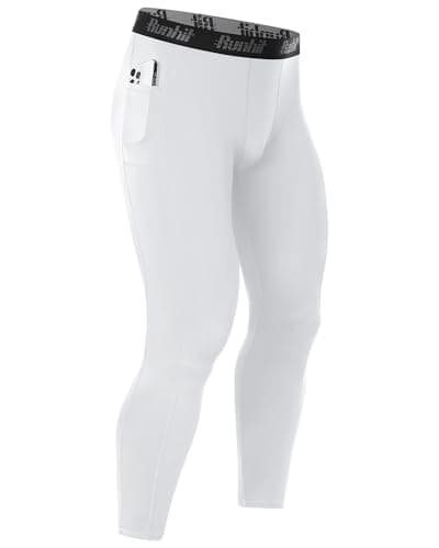 Runhit Mens Compression Pants with Pockets, Sports Base Layer Trousers, Thermal Tights Cycling Leggings for Running Training White M