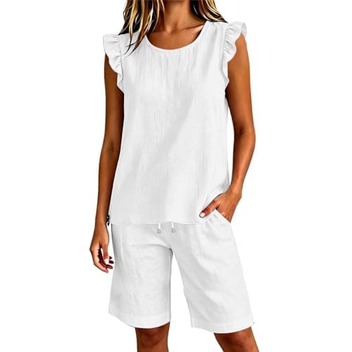 Festival Co Ord Linen Shorts Co Ord Sets for Women Summer 2 Piece Airport Travel Outfits Sleeveless Ruffle Vest Tops Bermuda Shorts Plus Size Loungewear Tracksuit Full Set Leisure Suits Streetwear — view 2