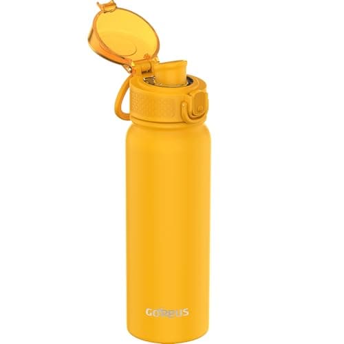 GOPPUS 600ml/20oz Insulated Water Bottle with Spout Lid (No Straw) Leakproof Stainless Steel Sports Bottle with One Hand Open Lid Double Wall Flask with Handle Keeps Drinks Cold BPA Free (Yellow)