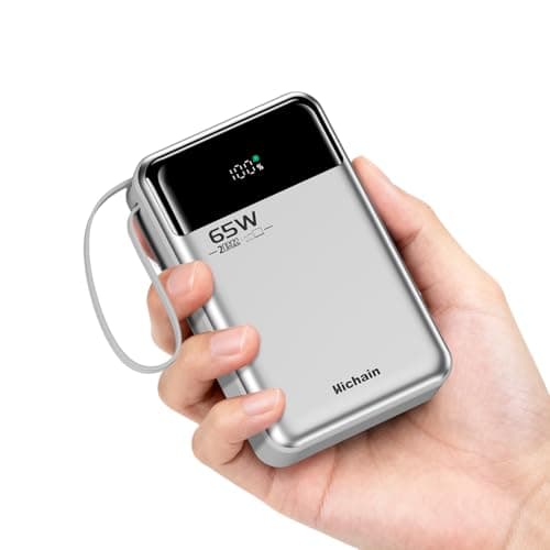 Hichain Laptop Power Bank 65W 20000mAh Portable Charger with Built-in USB-C Cable, 3-Port Fast Charging Battery Pack for MacBook iPhone 17 16/15 Series Android Switch Travel Essential Silver
