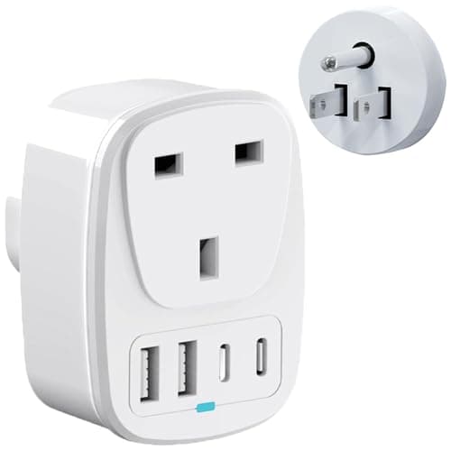 Hao Zhu UK to US Plug Adapter, USA Travel Adapter with 4 Ports & 20W PD Fast Charge, 5-in-1 UK to USA Plug Adaptor for Travel, Child Safety Shutters, White
