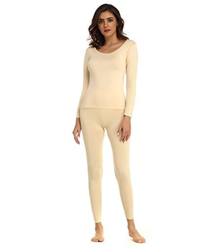 Mcilia Women's Ultrathin Modal Round Neck Thermal Underwear Set Beige