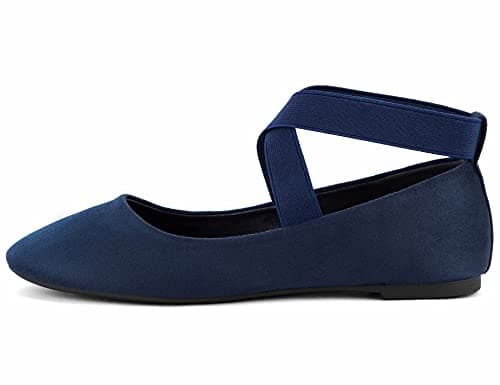 MaxMuxun Womens Ballerina Ankle Elastic Crossing Strap Round Toe Comfy Pump Shoes Navy Blue — view 2