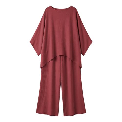 Lounge Wear Set Women Casual Linen Tracksuits 2 Piece Outfits Loose Summer Co Ord Set Ladies Long Sleeve Tunic Tops Pullover Elastic Waist Wide Leg Trousers Holiday Beach Travel Wedding Party Uk S-2XL — view 2