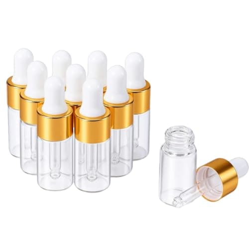 Guline 3ml Mini Dropper Bottles for Travel, 10 Pack Mini Glass Pipette Dropper Bottle with Gold Cap, Empty Refillable Sample Containers for Essential Oils Perfume and Cuticle Oil