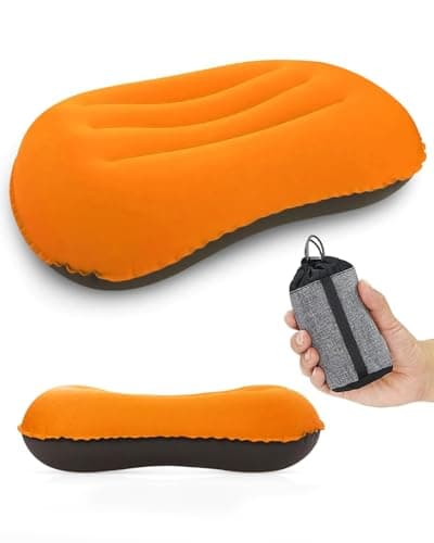 Ultralight Inflatable Pillow, Compressible Compact Comfortable Ergonomic Inflatable camping pillow with Storage Bag for Neck Support Blow Up Pillow for Hiking Camping Traveling Orange 42*31*10cm