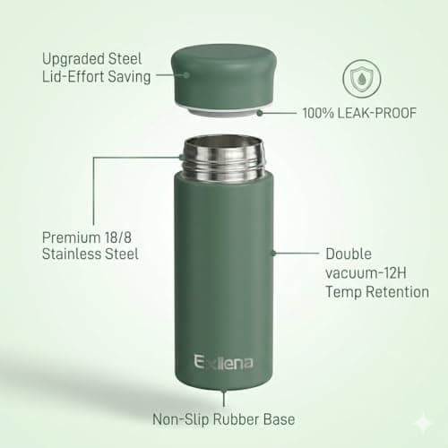 Exllena 250ml Mini Thermal Flask – 100% Leakproof Pocket Travel Mug for Flat White Coffee & Tea – Slim Stainless Steel Small Water Bottle for Handbag, Commute, Milk – BPA Free(Dusty Green) — view 4