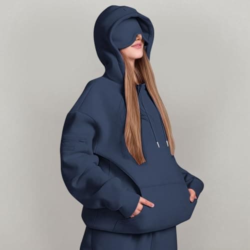Hoodie With Eye Mask Built in,Oversized Airplane Mode Travel Hoodies with Hidden Pockets Pullover Hooded Sweatshirt Autumn Winter Thermal Fleece Sweatshirts for Adults Travel Daily Leisure — view 2