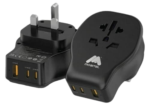 Mobitel Universal Travel Adapter UK with 20W USB-C PD 1 USB-A & 2 USB-C Ports Worldwide Plug Adapter for EU US AU Asia Fast Charging Power Adapter for Travel (Black)