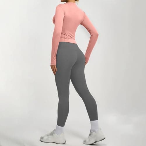Yoga Workout 2 Piece Set Women Seamless Long Sleeve Zipper Jacket High Waist Butt Lifting Leggings Gym Active Stretch Fitness Wear Set(Rose Gold, M) — view 5