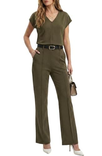 GRECERELLE Tracksuit Womens Full Set Airport Lounge Wear Sets 2 Piece Ladies Tracksuits Business Casual V Neck Tops and Jogging Bottoms with Pockets (Army Green, S)