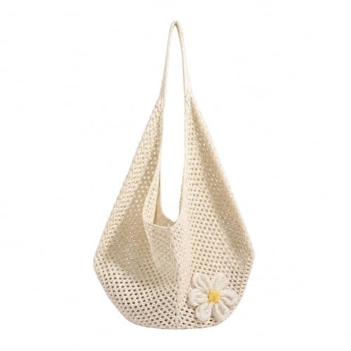 GEEKPC Woven Mesh Beach Tote - Women's Summer Holiday Shoulder Handbag with Daisy Applique, Lightweight Foldable Spacious Boho Accessory for Travel, Shopping, Beach Outings, and Daily Use (White)